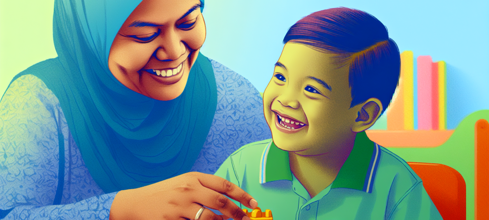 Cuidador de crianças especiais interagindo em ambiente acolhedor, cercado por brinquedos e materiais educativos.