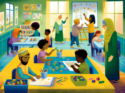 Cuidador escolar observa crianças interagindo positivamente em sala de aula inclusiva e acolhedora.