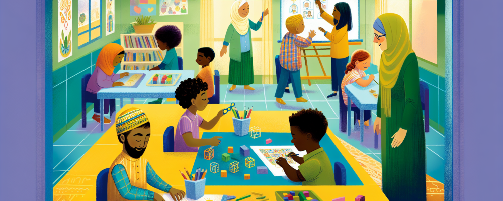 Cuidador escolar observa crianças interagindo positivamente em sala de aula inclusiva e acolhedora.