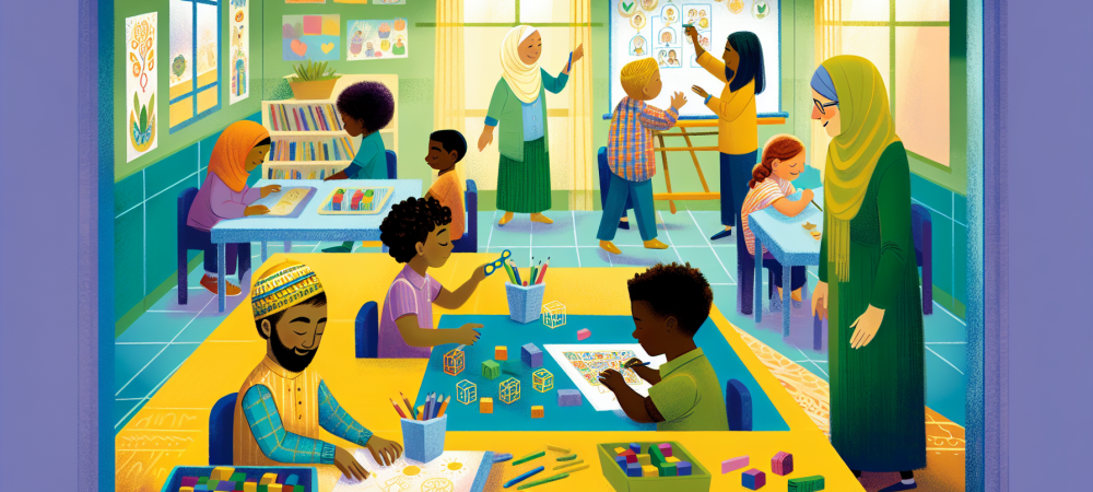 Cuidador escolar observa crianças interagindo positivamente em sala de aula inclusiva e acolhedora.