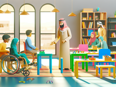 Cuidador escolar interage com alunos com deficiência em sala inclusiva, promovendo atividades educativas e colaboração.