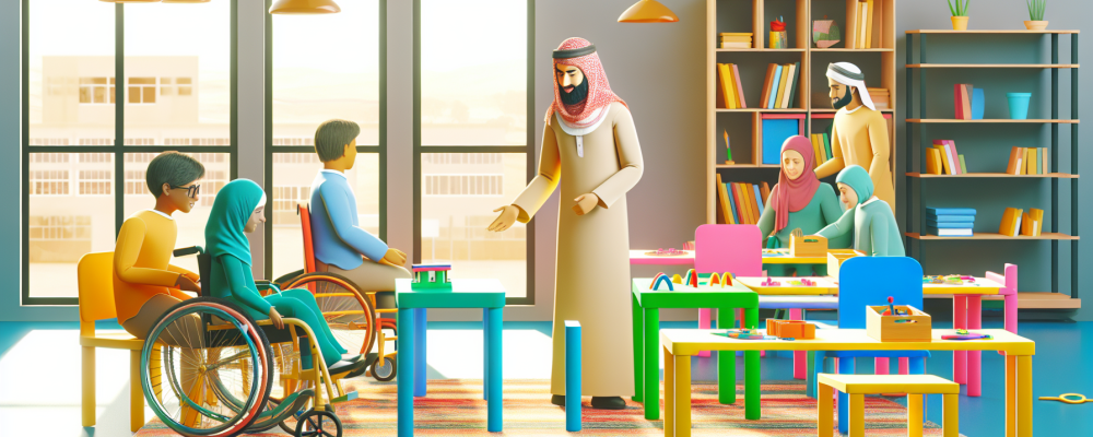 Cuidador escolar interage com alunos com deficiência em sala inclusiva, promovendo atividades educativas e colaboração.