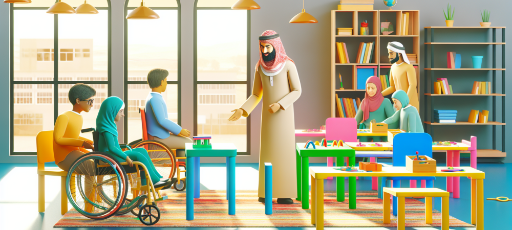 Cuidador escolar interage com alunos com deficiência em sala inclusiva, promovendo atividades educativas e colaboração.