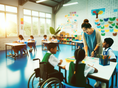 Cuidador escolar facilitando atividades em sala inclusiva com alunos de várias idades e habilidades.