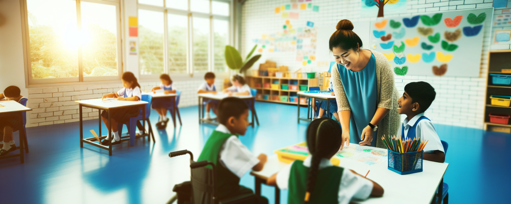 Cuidador escolar facilitando atividades em sala inclusiva com alunos de várias idades e habilidades.