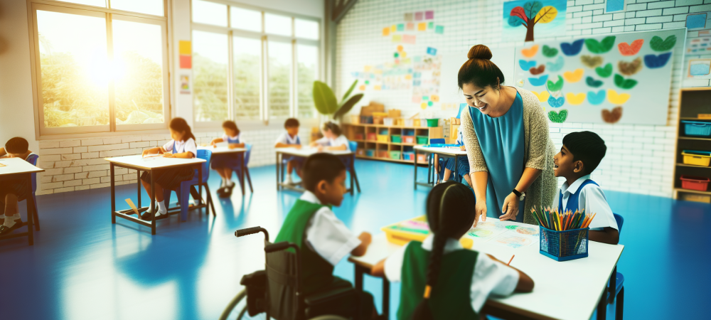 Cuidador escolar facilitando atividades em sala inclusiva com alunos de várias idades e habilidades.