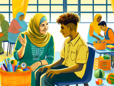 Cuidador escolar interagindo com aluno em sala de aula inclusiva, rodeado por materiais didáticos.