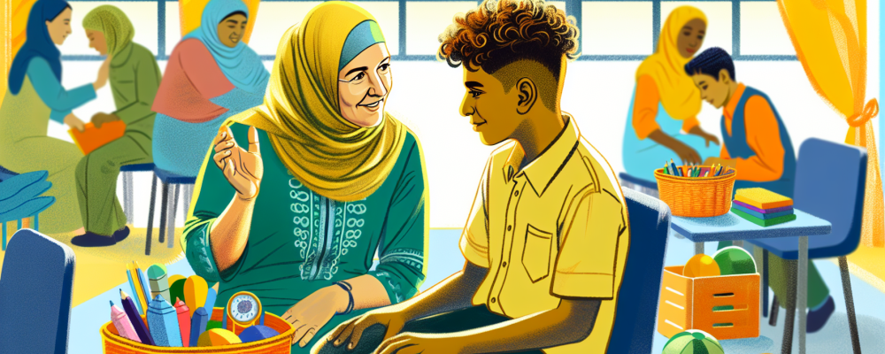 Cuidador escolar interagindo com aluno em sala de aula inclusiva, rodeado por materiais didáticos.