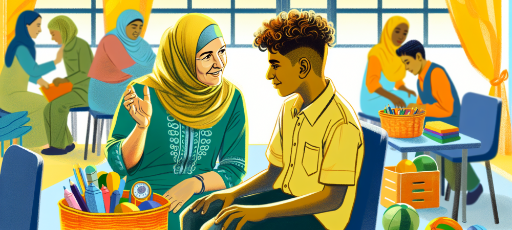 Cuidador escolar interagindo com aluno em sala de aula inclusiva, rodeado por materiais didáticos.