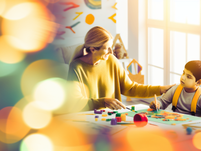 Cuidadora de crianças especiais interagindo com uma criança autista em um ambiente acolhedor e colorido, com brinquedos educativos e materiais de arte.