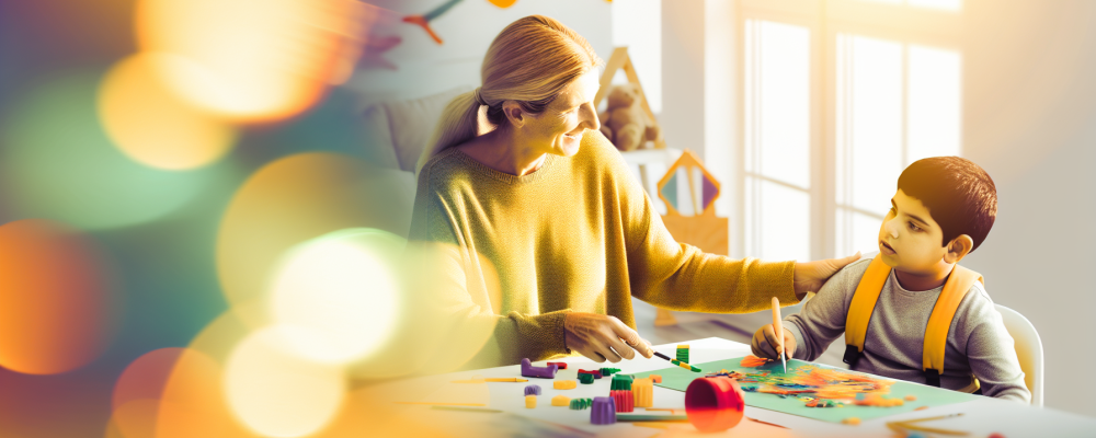Cuidadora de crianças especiais interagindo com uma criança autista em um ambiente acolhedor e colorido, com brinquedos educativos e materiais de arte.