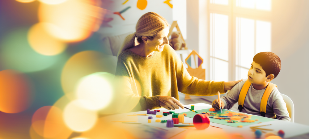 Cuidadora de crianças especiais interagindo com uma criança autista em um ambiente acolhedor e colorido, com brinquedos educativos e materiais de arte.