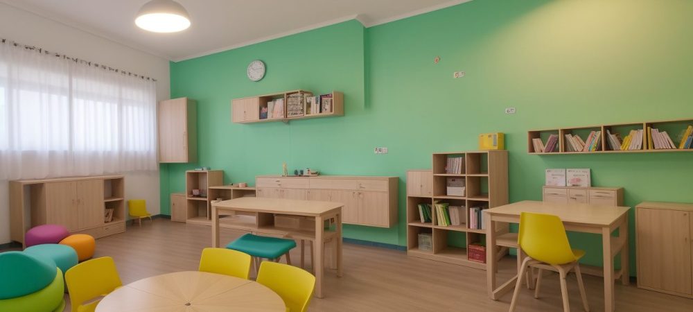 Alunos utilizando tablets e livros em uma sala de aula moderna de alfabetização e letramento.