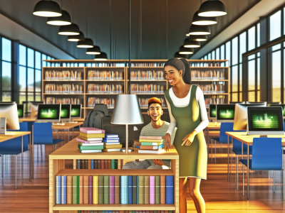 Biblioteca moderna com livros organizados e auxiliar ajudando visitante, em um curso online.