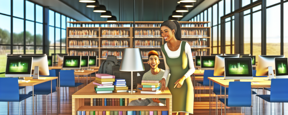 Biblioteca moderna com livros organizados e auxiliar ajudando visitante, em um curso online.