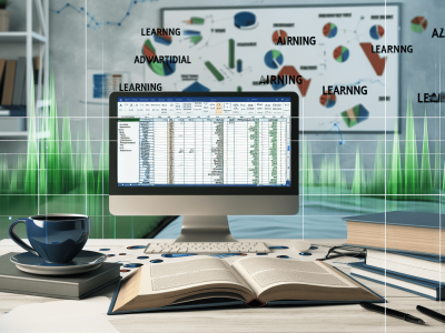 Ambiente de escritório com tela de computador exibindo planilhas avançadas de Excel e lousa com gráficos dinâmicos, destacando produtividade.