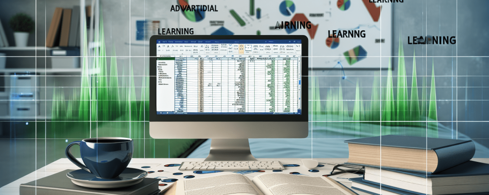 Ambiente de escritório com tela de computador exibindo planilhas avançadas de Excel e lousa com gráficos dinâmicos, destacando produtividade.