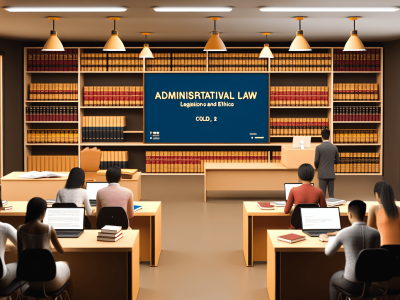 Alunos em sala de aula moderna estudando direito administrativo com lousa digital e prateleiras de livros, iluminada por luzes quentes.