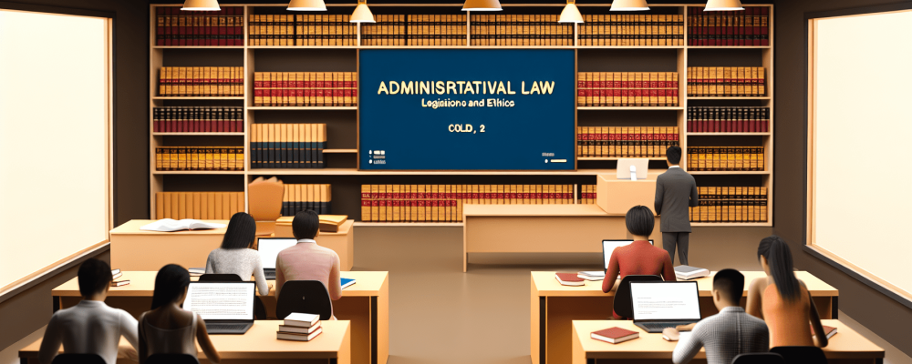 Alunos em sala de aula moderna estudando direito administrativo com lousa digital e prateleiras de livros, iluminada por luzes quentes.