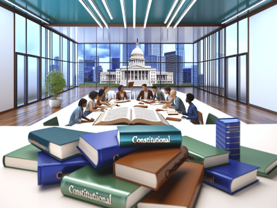 Alunos estudando direito constitucional em biblioteca moderna, com janela mostrando cidade ao fundo.