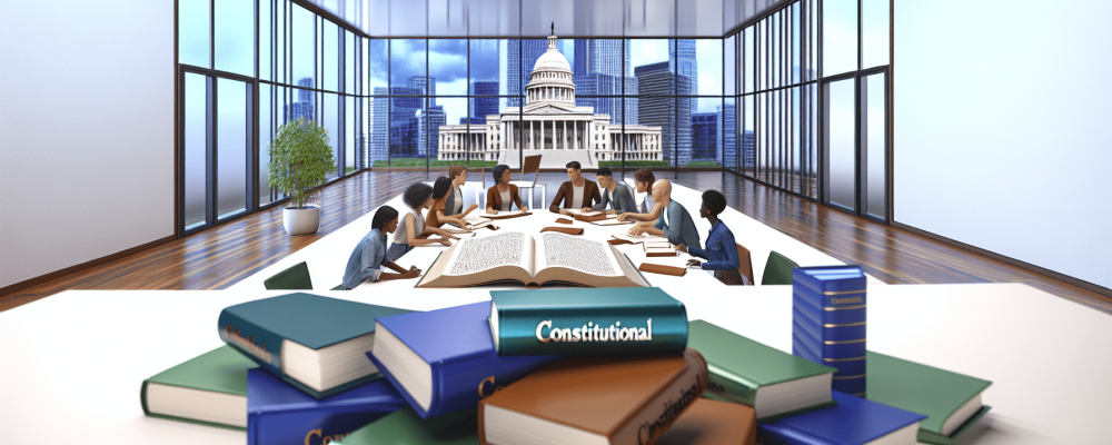 Alunos estudando direito constitucional em biblioteca moderna, com janela mostrando cidade ao fundo.