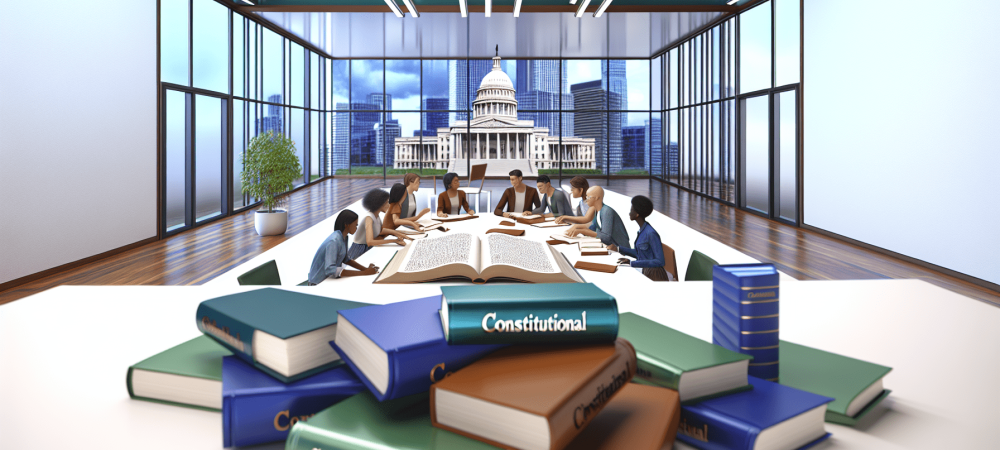 Alunos estudando direito constitucional em biblioteca moderna, com janela mostrando cidade ao fundo.