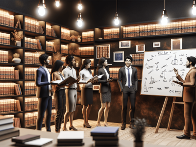 Professor explicando direito processual civil esquematizado em biblioteca moderna com alunos atentos.