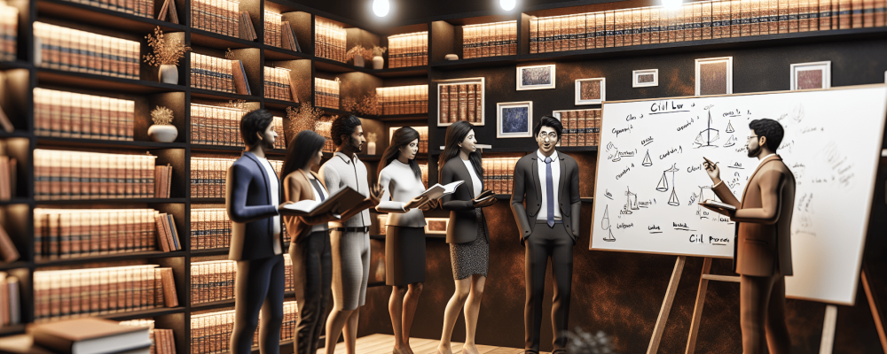 Professor explicando direito processual civil esquematizado em biblioteca moderna com alunos atentos.