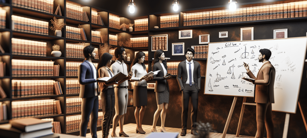 Professor explicando direito processual civil esquematizado em biblioteca moderna com alunos atentos.