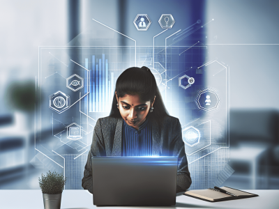 Profissional em escritório moderno usando laptop com ícones digitais, destacando curso de informática básica