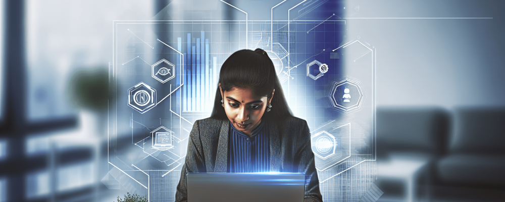 Profissional em escritório moderno usando laptop com ícones digitais, destacando curso de informática básica