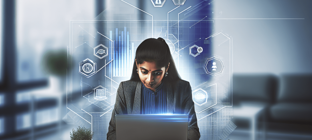 Profissional em escritório moderno usando laptop com ícones digitais, destacando curso de informática básica