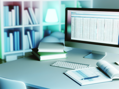 Ambiente de escritório moderno com computador mostrando planilha e materiais de informática, destacando aprendizado digital e produtividade.