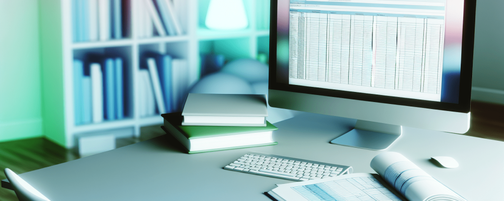 Ambiente de escritório moderno com computador mostrando planilha e materiais de informática, destacando aprendizado digital e produtividade.