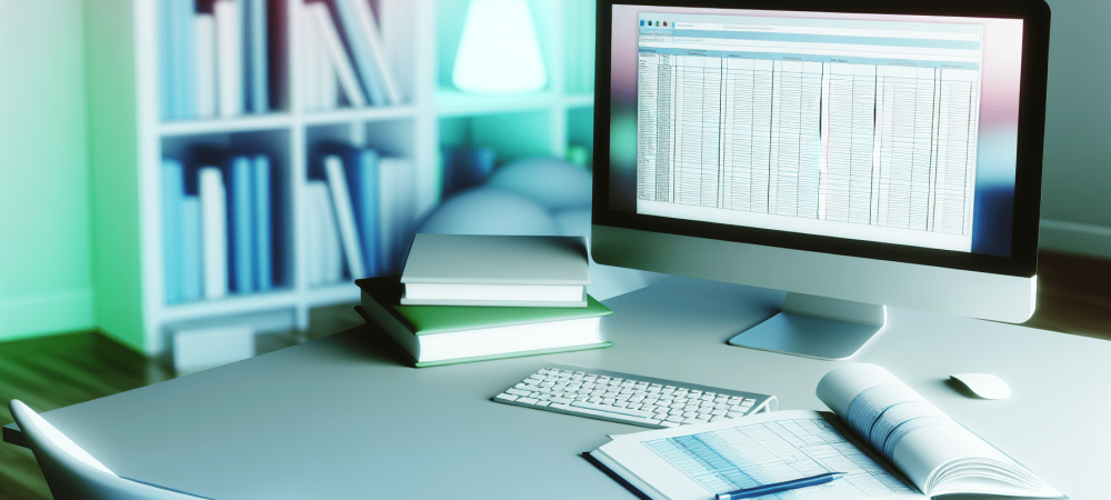 Ambiente de escritório moderno com computador mostrando planilha e materiais de informática, destacando aprendizado digital e produtividade.