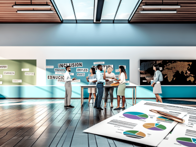 Uma sala de aula moderna e iluminada com professores e gestores discutindo legislação educacional atualizada, com gráficos e documentos sobre a mesa.