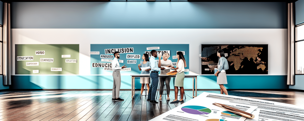 Uma sala de aula moderna e iluminada com professores e gestores discutindo legislação educacional atualizada, com gráficos e documentos sobre a mesa.