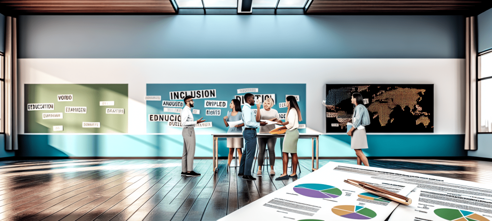 Uma sala de aula moderna e iluminada com professores e gestores discutindo legislação educacional atualizada, com gráficos e documentos sobre a mesa.