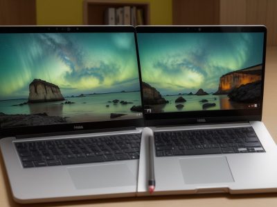 Mesa moderna com laptop exibindo gráficos de marketing digital, livros ao redor e apresentação sobre engajamento com cidadãos.