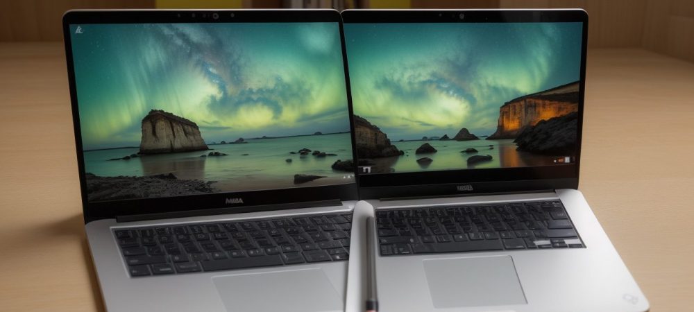 Mesa moderna com laptop exibindo gráficos de marketing digital, livros ao redor e apresentação sobre engajamento com cidadãos.