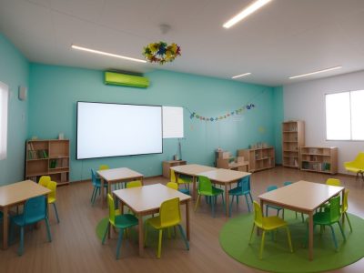 Professor explicando conceitos de neuropsicologia para alunos atentos em uma sala de aula moderna e iluminada.