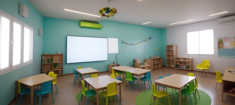 Professor explicando conceitos de neuropsicologia para alunos atentos em uma sala de aula moderna e iluminada.