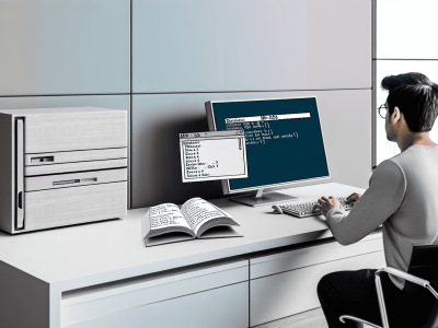 Ambiente de escritório moderno com tela exibindo comandos MS-DOS, destacando simplicidade e eficiência do sistema.