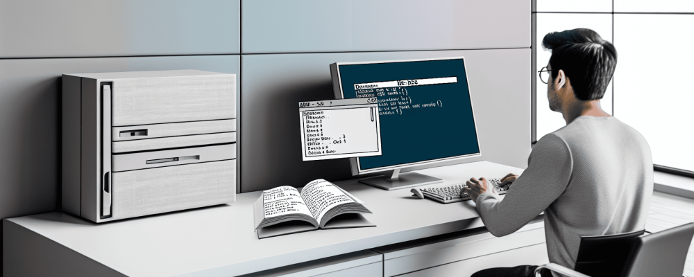 Ambiente de escritório moderno com tela exibindo comandos MS-DOS, destacando simplicidade e eficiência do sistema.