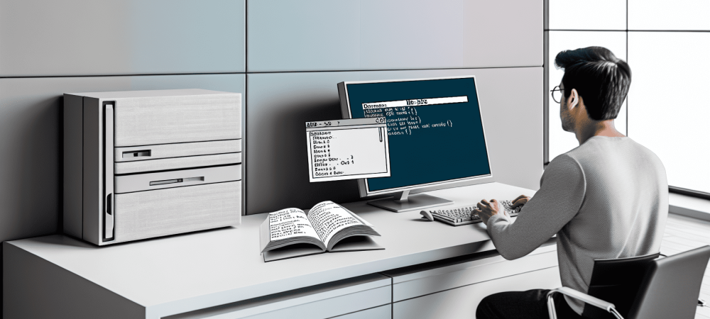 Ambiente de escritório moderno com tela exibindo comandos MS-DOS, destacando simplicidade e eficiência do sistema.