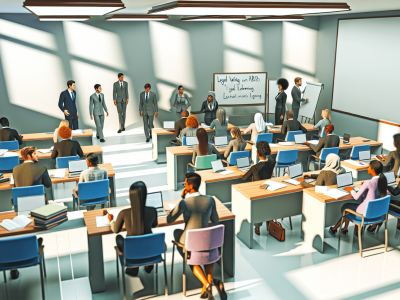 Estudantes engajados em curso de redação jurídica com materiais didáticos, em ambiente acolhedor e interativo.