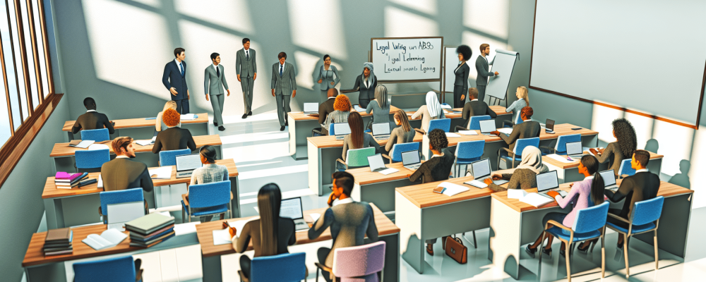 Estudantes engajados em curso de redação jurídica com materiais didáticos, em ambiente acolhedor e interativo.