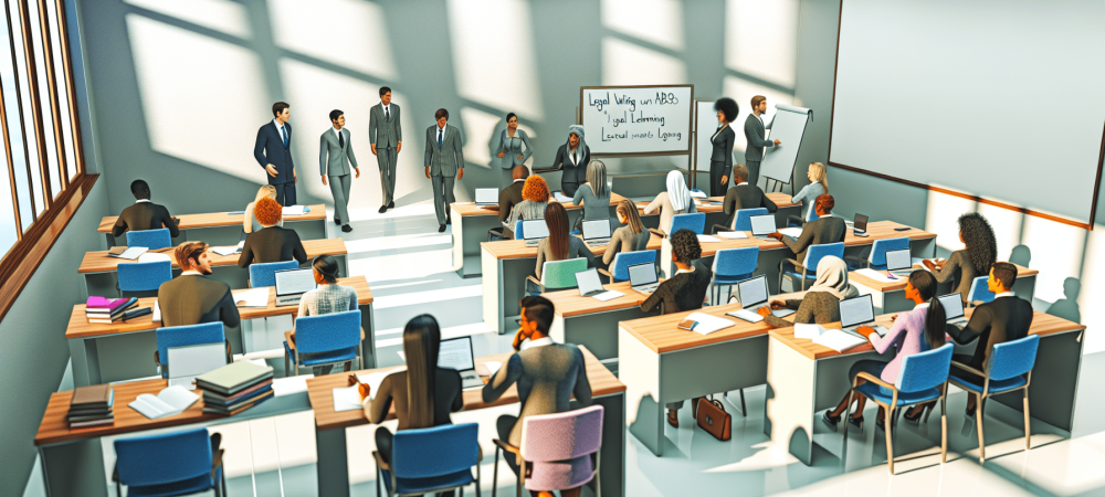 Estudantes engajados em curso de redação jurídica com materiais didáticos, em ambiente acolhedor e interativo.