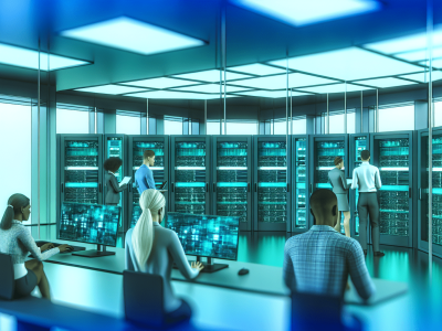 Profissionais analisando dados em sala de controle de redes de computadores, iluminada em azul e verde.