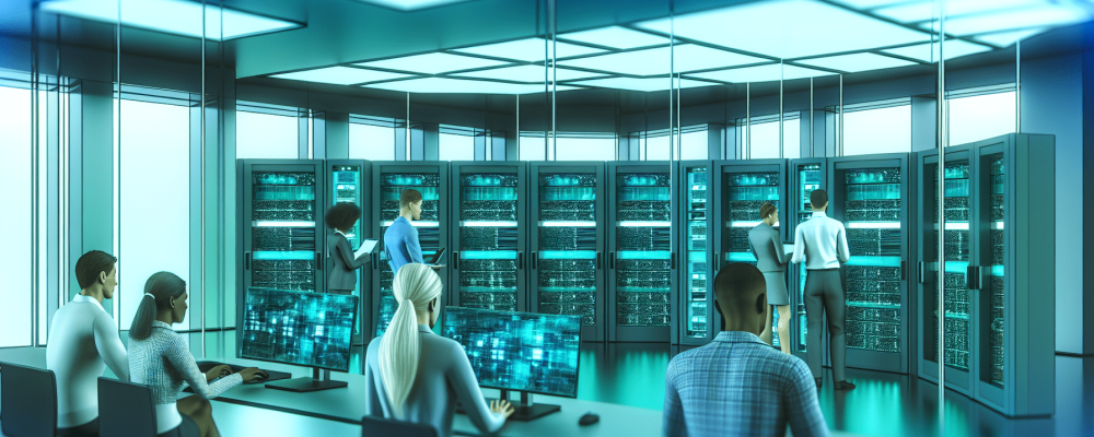 Profissionais analisando dados em sala de controle de redes de computadores, iluminada em azul e verde.